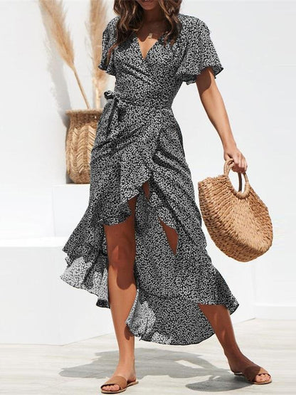 High-waist Irregular Ruffled Hem Chiffon Print Dress - LuckyFash™