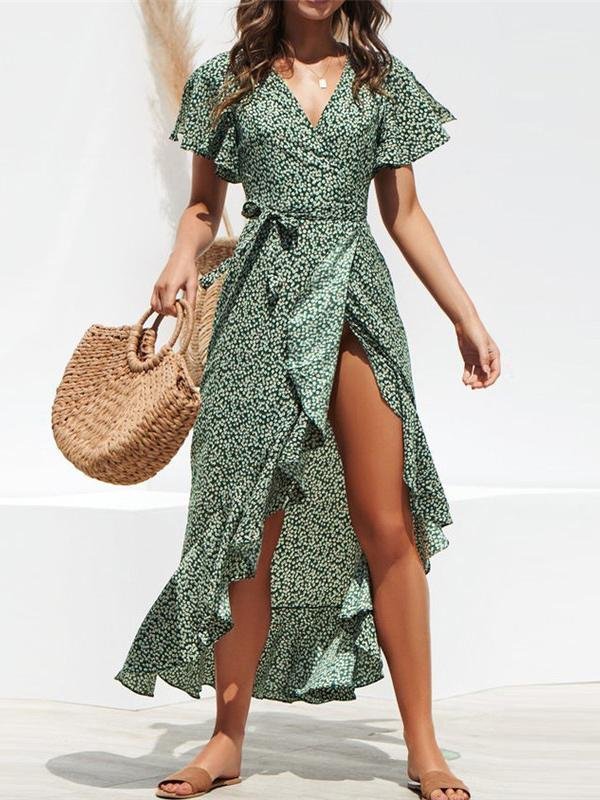 High-waist Irregular Ruffled Hem Chiffon Print Dress - LuckyFash™