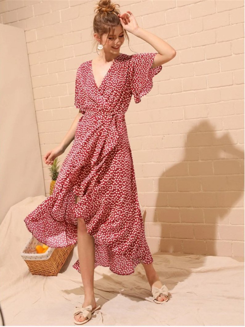 High-waist Irregular Ruffled Hem Chiffon Print Dress - LuckyFash™