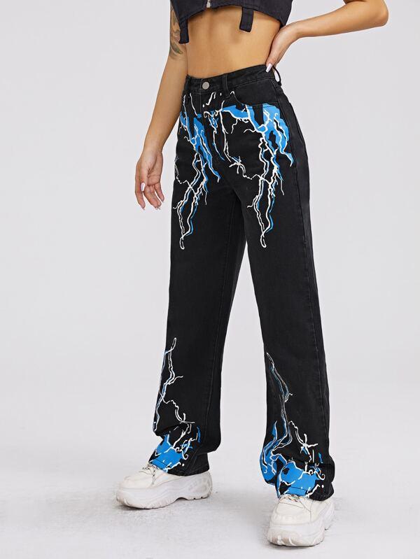High Waist Lightning Print Straight Jeans - LuckyFash™