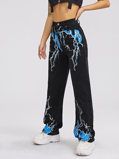 High Waist Lightning Print Straight Jeans - LuckyFash™