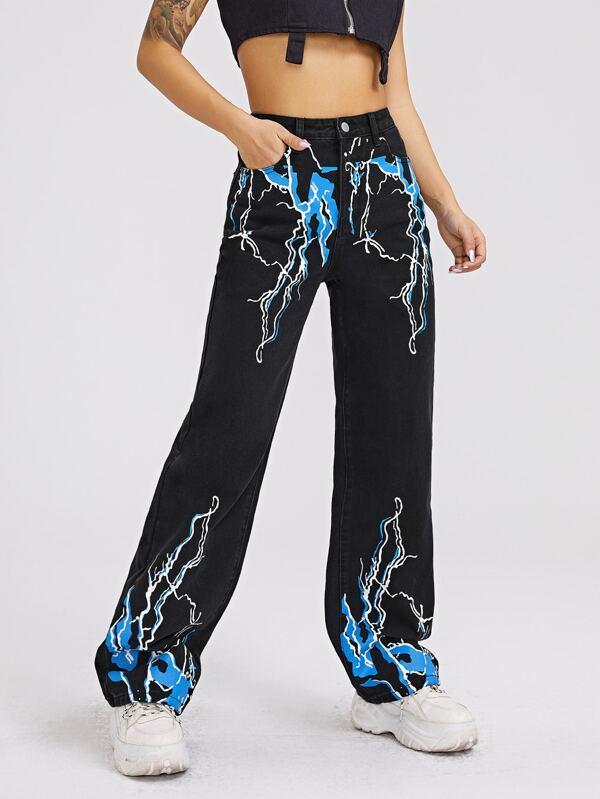 High Waist Lightning Print Straight Jeans - LuckyFash™
