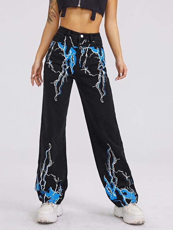 High Waist Lightning Print Straight Jeans - LuckyFash™