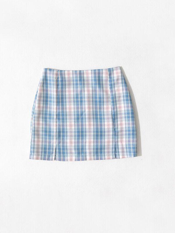 High Waist M-slit Hem Tartan Skirt - LuckyFash™