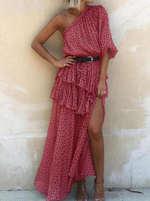 High Waist Polka Dot Slanted Shoulder Long Dress - LuckyFash™