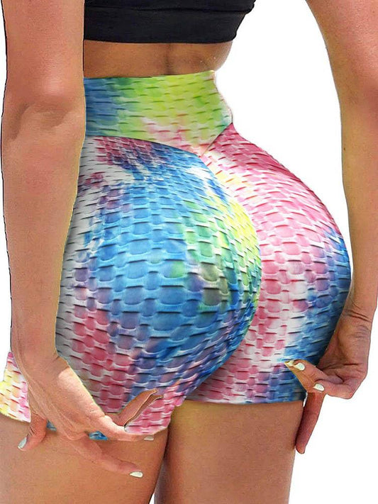 High Waist Tie Dye Print Butt Lifting Bubble Textured Yoga Shorts - LuckyFash™