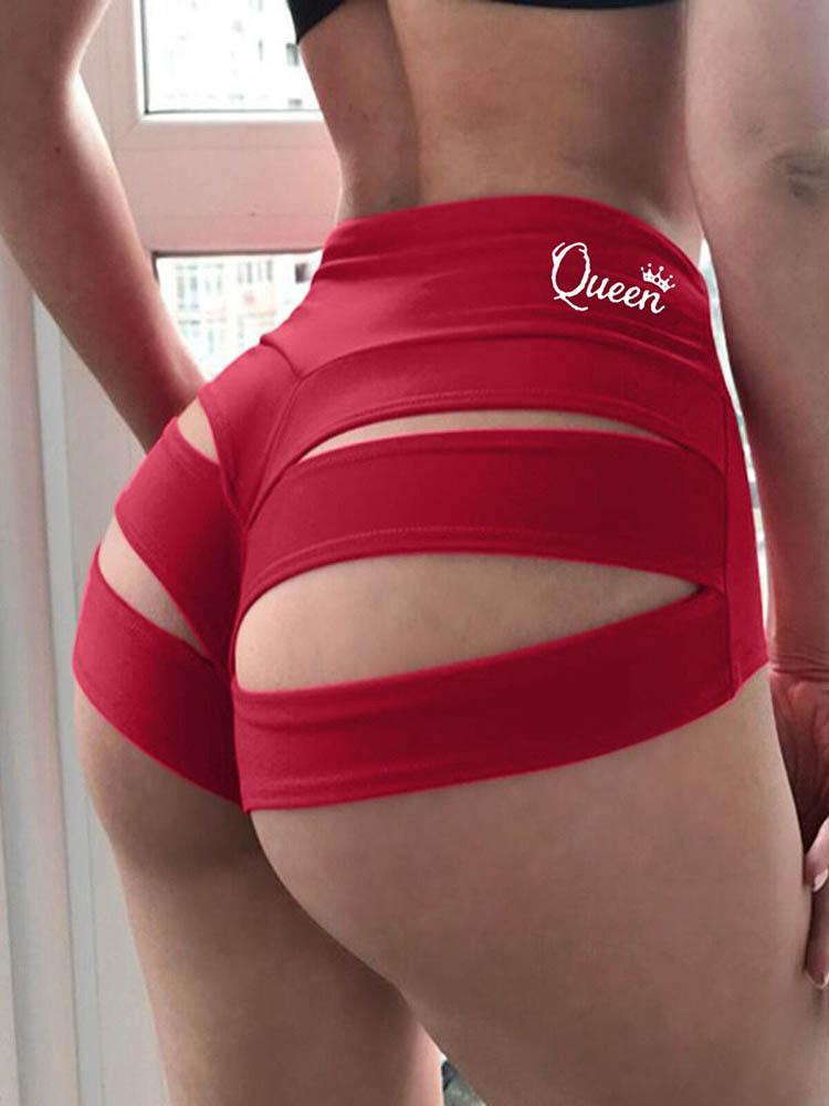 High Waisted Letter Print Butt Lifting Cutout Yoga Shorts - LuckyFash™
