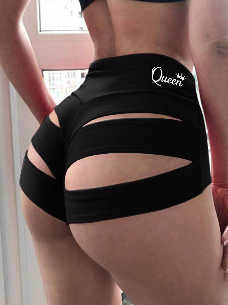 High Waisted Letter Print Butt Lifting Cutout Yoga Shorts - LuckyFash™