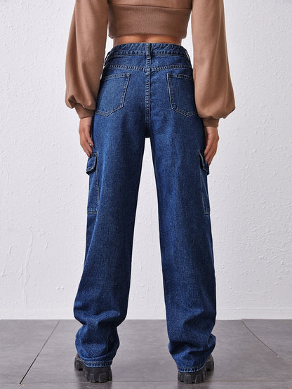 High-Waisted Patch Pocket Straight Jeans - LuckyFash™