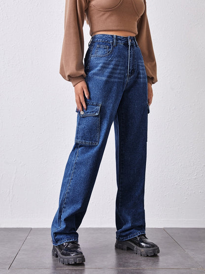 High-Waisted Patch Pocket Straight Jeans - LuckyFash™