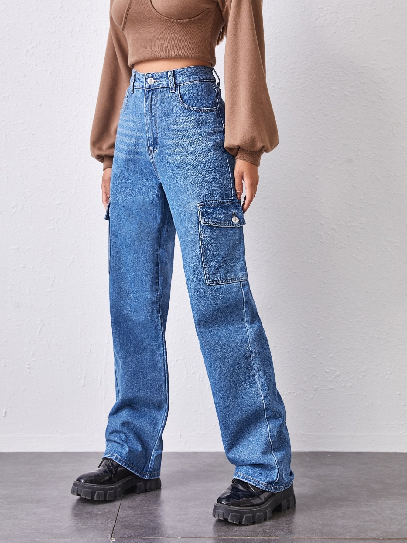 High-Waisted Patch Pocket Straight Jeans - LuckyFash™