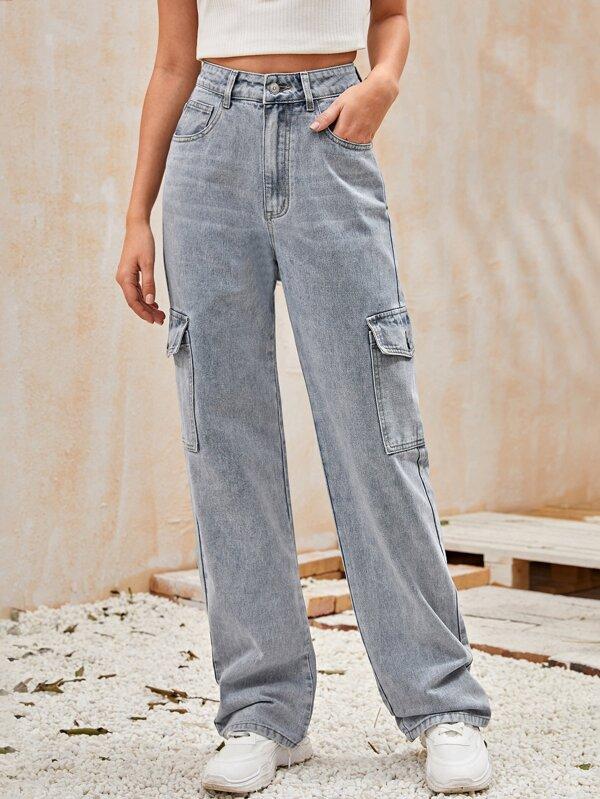 High-Waisted Patch Pocket Straight Jeans - LuckyFash™