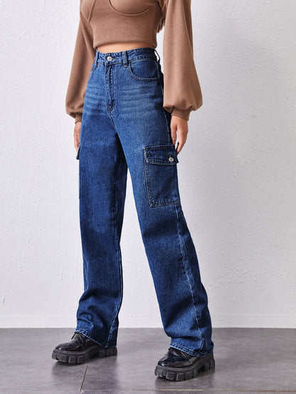 High-Waisted Patch Pocket Straight Jeans - LuckyFash™