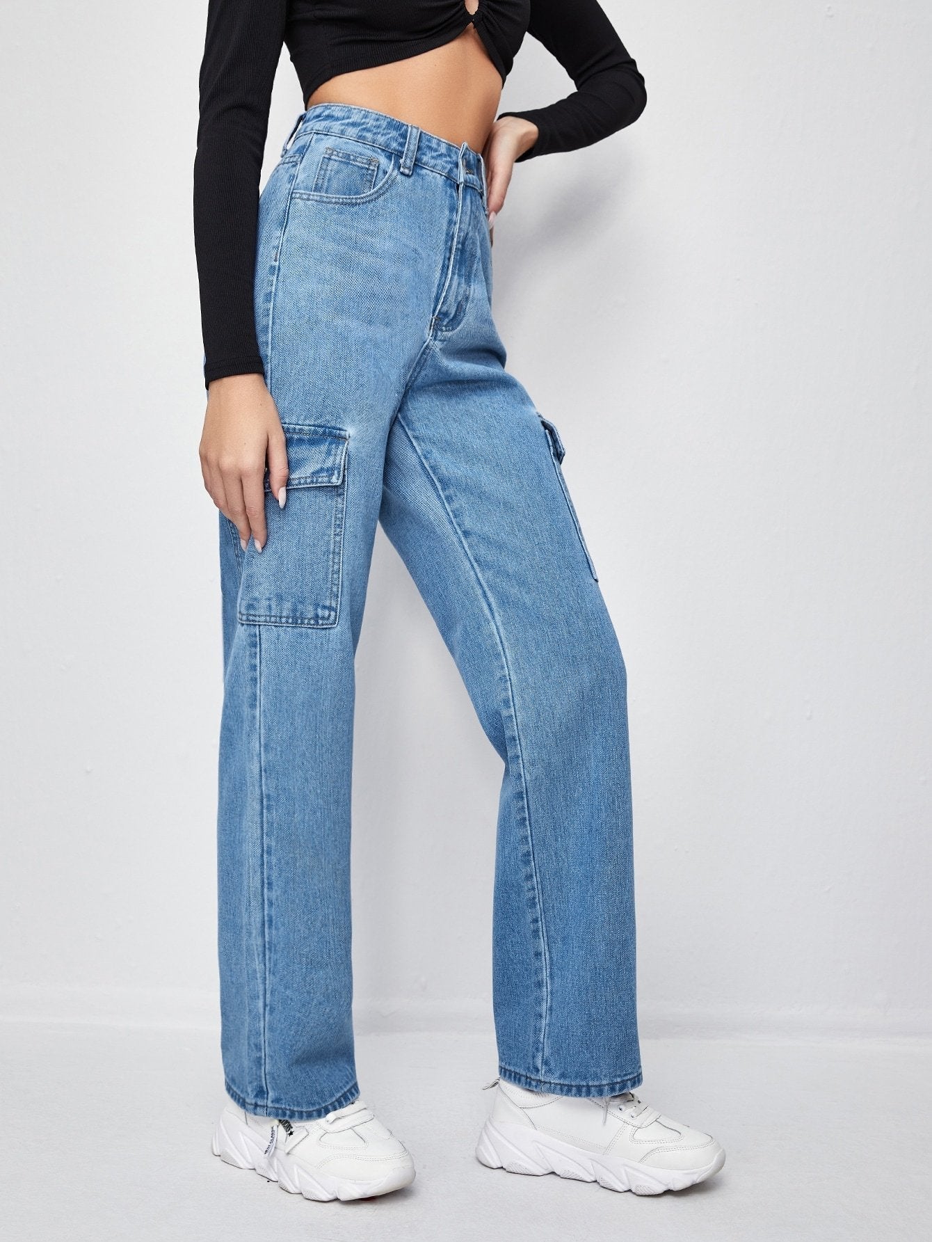 High-Waisted Patch Pocket Straight Jeans - LuckyFash™