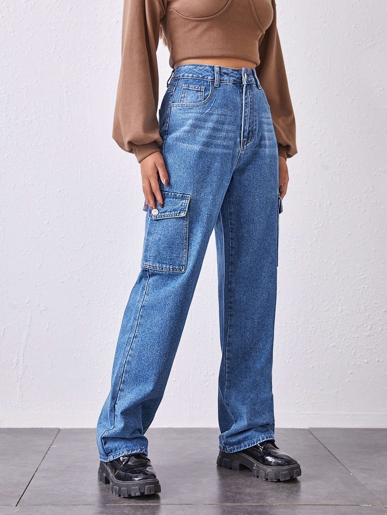 High-Waisted Patch Pocket Straight Jeans - LuckyFash™
