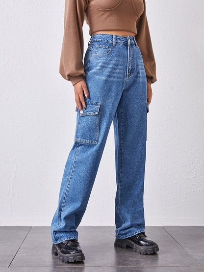 High-Waisted Patch Pocket Straight Jeans - LuckyFash™