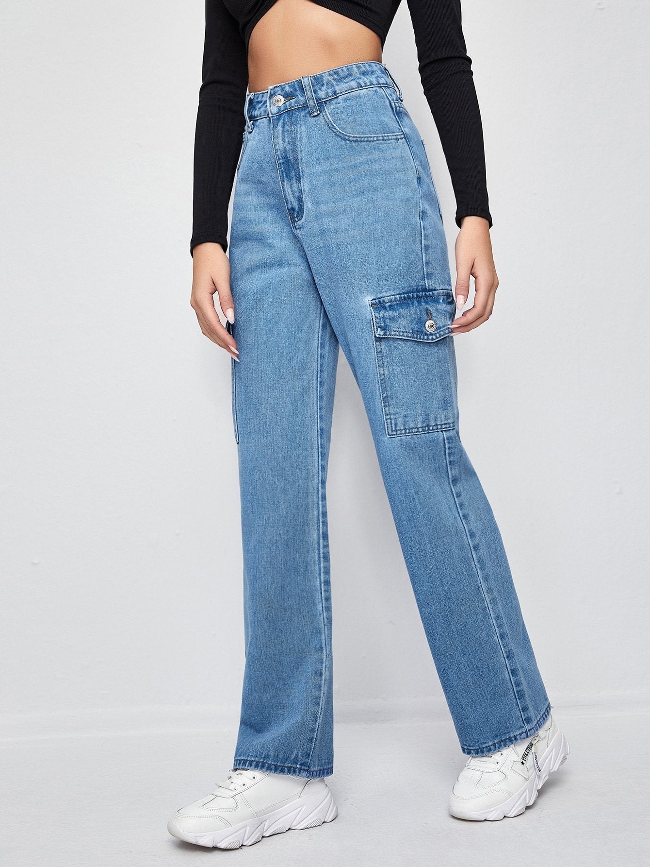 High-Waisted Patch Pocket Straight Jeans - LuckyFash™