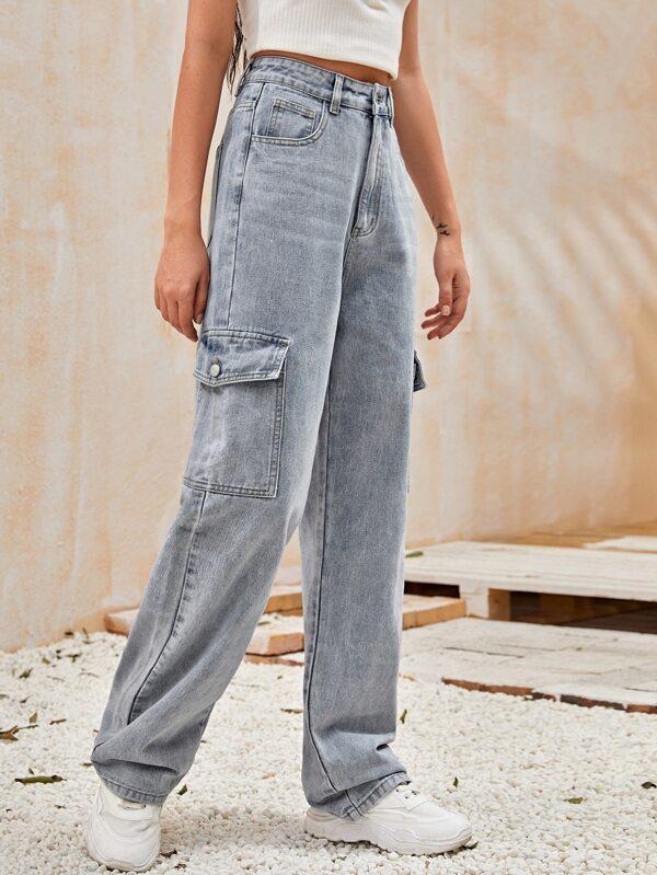 High-Waisted Patch Pocket Straight Jeans - LuckyFash™