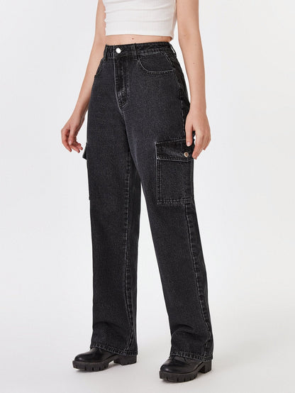 High-Waisted Patch Pocket Straight Jeans - LuckyFash™