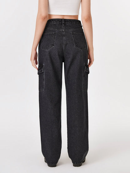 High-Waisted Patch Pocket Straight Jeans - LuckyFash™