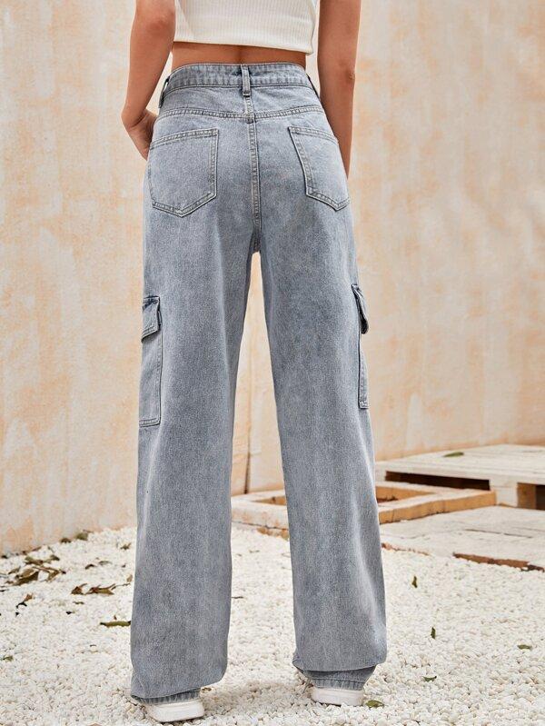 High-Waisted Patch Pocket Straight Jeans - LuckyFash™