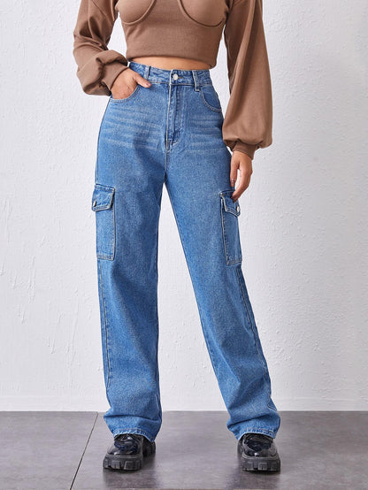 High-Waisted Patch Pocket Straight Jeans - LuckyFash™