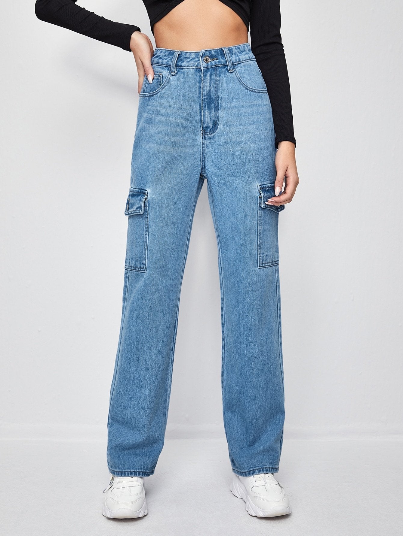 High-Waisted Patch Pocket Straight Jeans - LuckyFash™