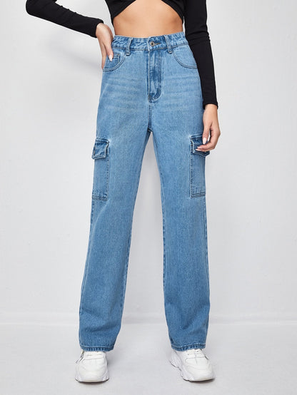 High-Waisted Patch Pocket Straight Jeans - LuckyFash™