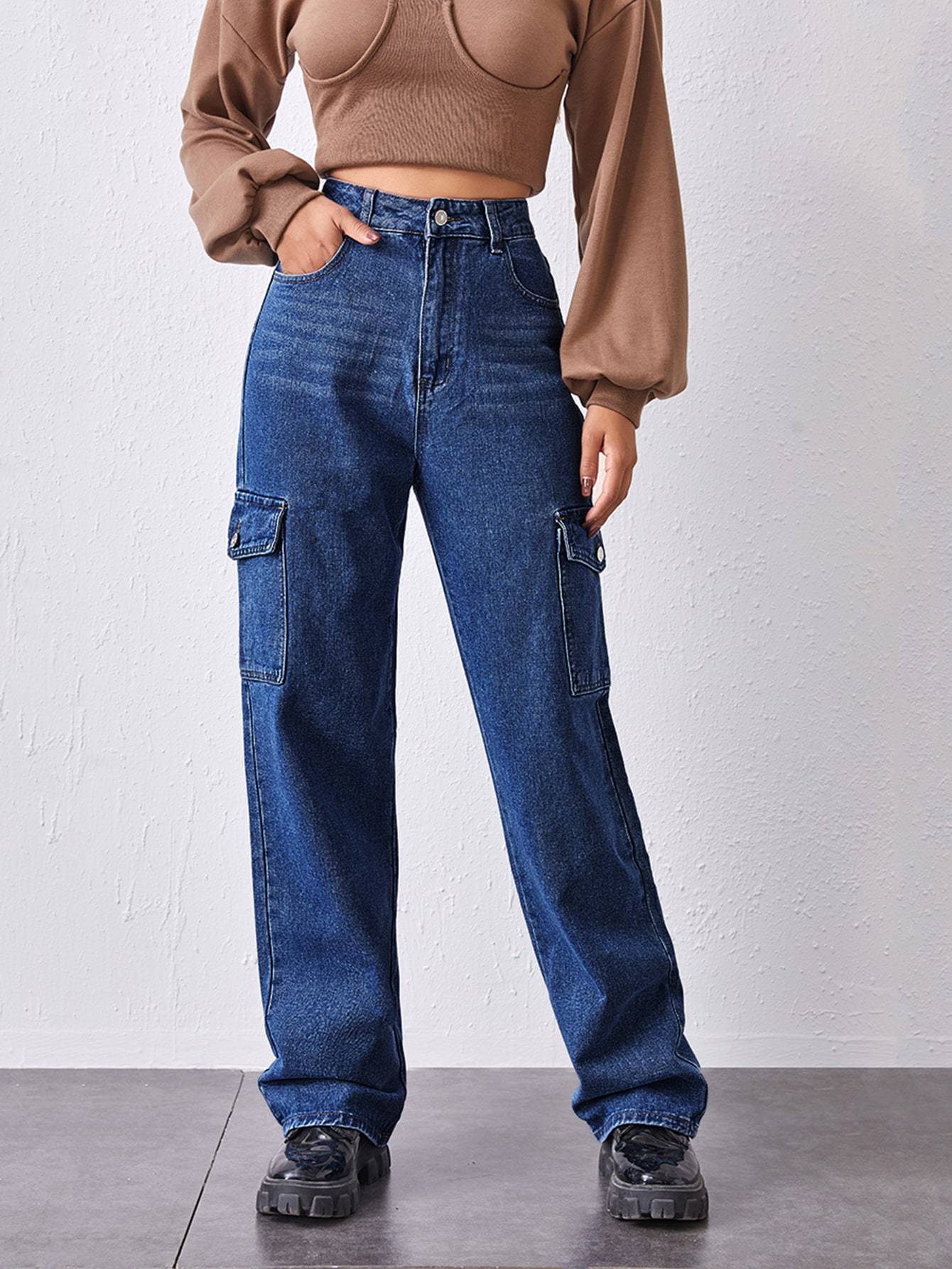 High-Waisted Patch Pocket Straight Jeans - LuckyFash™