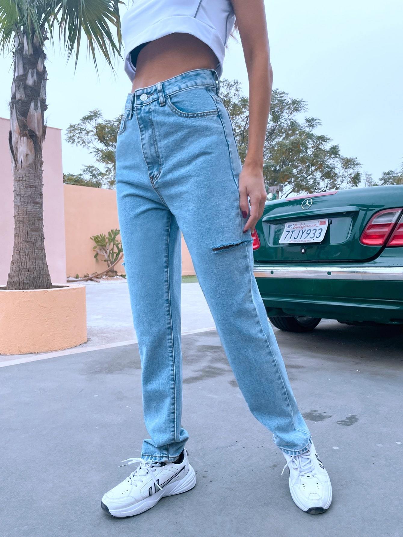 High-Waisted Ripped Solid Mom Straight Leg Jeans - LuckyFash™