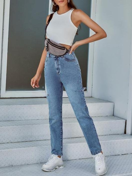 High-Waisted Ripped Solid Mom Straight Leg Jeans - LuckyFash™