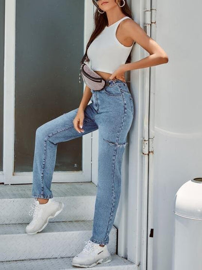 High-Waisted Ripped Solid Mom Straight Leg Jeans - LuckyFash™
