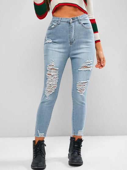 High Waisted Ripped Zipper Fly Jeans - LuckyFash™