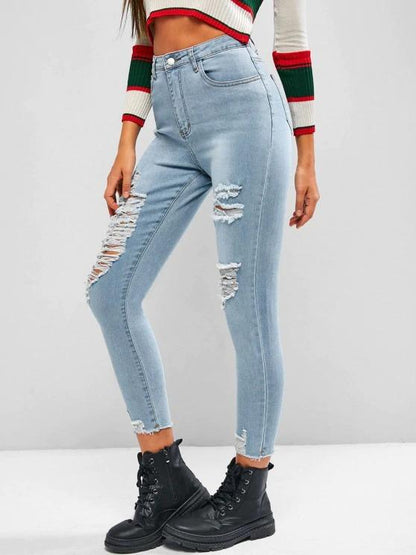 High Waisted Ripped Zipper Fly Jeans - LuckyFash™