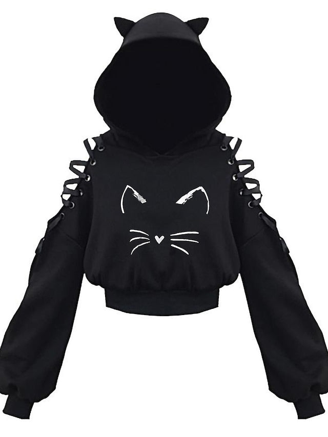 hoodie crop top cat ear hooded sweatshirt hollow out lace up sleeves(4xl,cats climbing) for Women - LuckyFash™