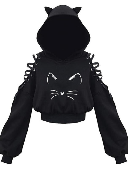 hoodie crop top cat ear hooded sweatshirt hollow out lace up sleeves(4xl,cats climbing) for Women - LuckyFash™
