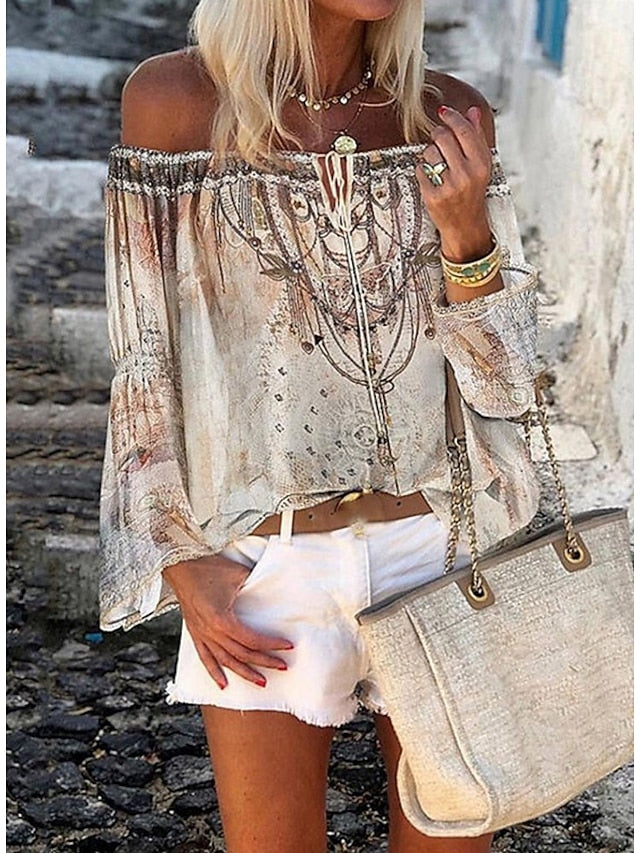 Women's Going Out Tops Tube Top Concert Tops Blue Beige Graphic Floral Long Sleeve Ethnic Boho Off Shoulder Regular S - LuckyFash™