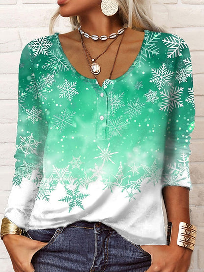 Women's Henley Shirt T shirt Tee Maroon Grass Green White Galaxy Sparkly Button Print Long Sleeve Casual Weekend Basic Round Neck Regular Painting S - LuckyFash™