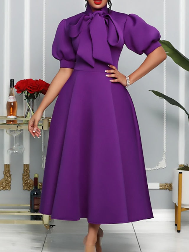 Womenâ€˜s Formal Party Dress Wedding Guest Dress Long Dress Maxi Dress Purple Yellow Red Short Sleeve Pure Color Bow Spring Summer High Neck 2023 S M L XL XXL 3XL - LuckyFash™