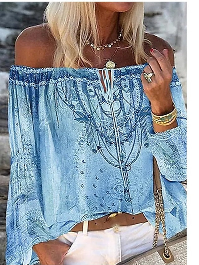 Women's Going Out Tops Tube Top Concert Tops Blue Beige Graphic Floral Long Sleeve Ethnic Boho Off Shoulder Regular S - LuckyFash™