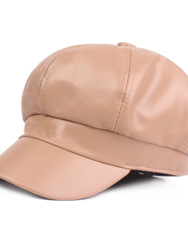 PU Beret Women's Spring Autumn Winter Black Newsboy British Vintage Street Painter's Hat Wine Red Hat Simple Style Berets Octagonal Hat - LuckyFash™