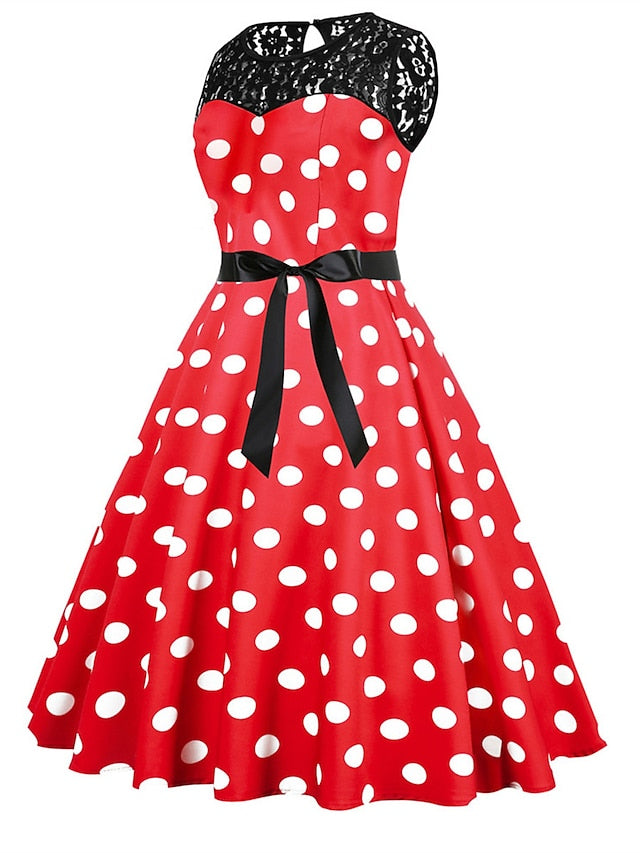Women's Elegant Retro Vintage Dress Midi Dress Outdoor Holiday Lace Polka Dot Crew Neck Sleeveless Regular Fit Summer Spring 2023 Black White S M L XL - LuckyFash™