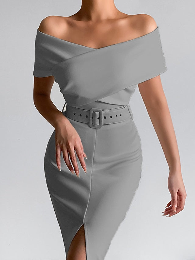 Womenâ€˜s Formal Party Dress Wedding Guest Dress Bodycon Sheath Dress Midi Dress Black White Pink Short Sleeve Pure Color Backless Spring Summer Autumn Off Shoulder Stylish Slim 2023 S M L XL XXL 3XL - LuckyFash™