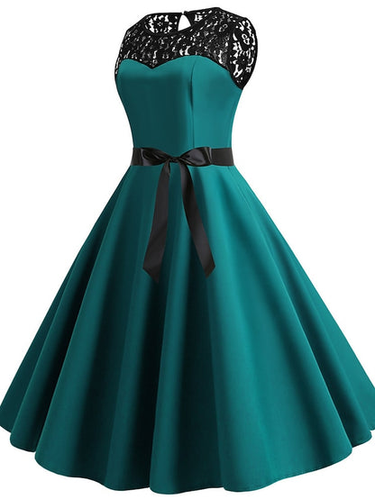 Women's Lace Dress Vintage Dress Swing Dress Midi Dress Light Blue Wine Red Black Sleeveless Print Lace up Summer Spring Fall Crew Neck 1950s Party Spring Dress 2023 S M L XL XXL - LuckyFash™