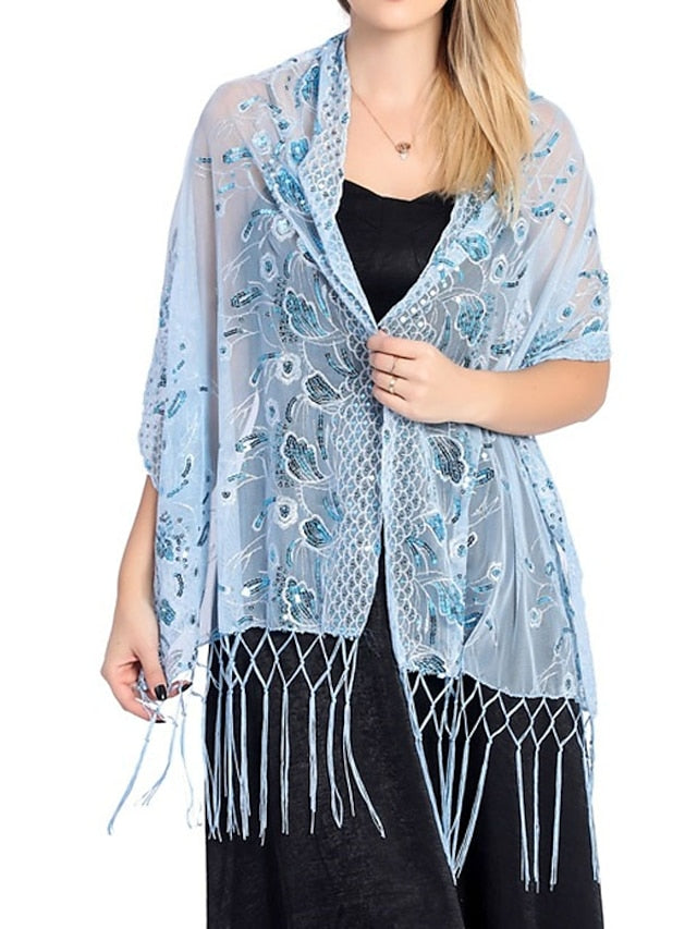 Women's Women's Shawls & Wraps Party Wedding Indoor Light Blue Black White Scarf Embroidered Flower - LuckyFash™