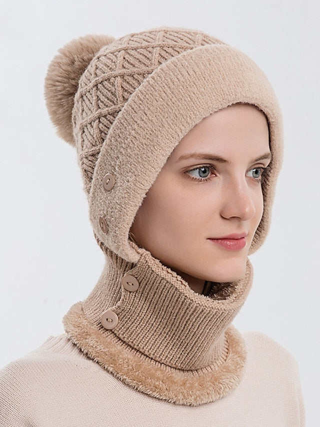 Winter Hats For Women Soft One-Piece Warm Mask Knitted Hat Thickened Lining Warm Beanies Female Cycling Cap - LuckyFash™