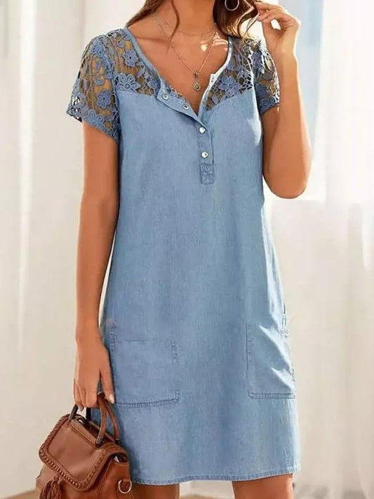 Hollow Lace Short-sleeved Denim Dress - LuckyFash™