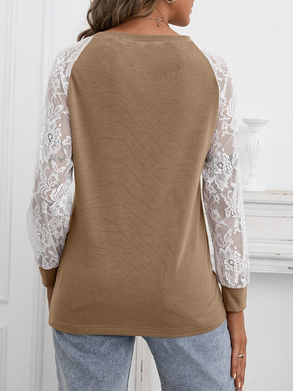 Hollow Lace Stitching Long-sleeved Round Neck T-shirt - LuckyFash™