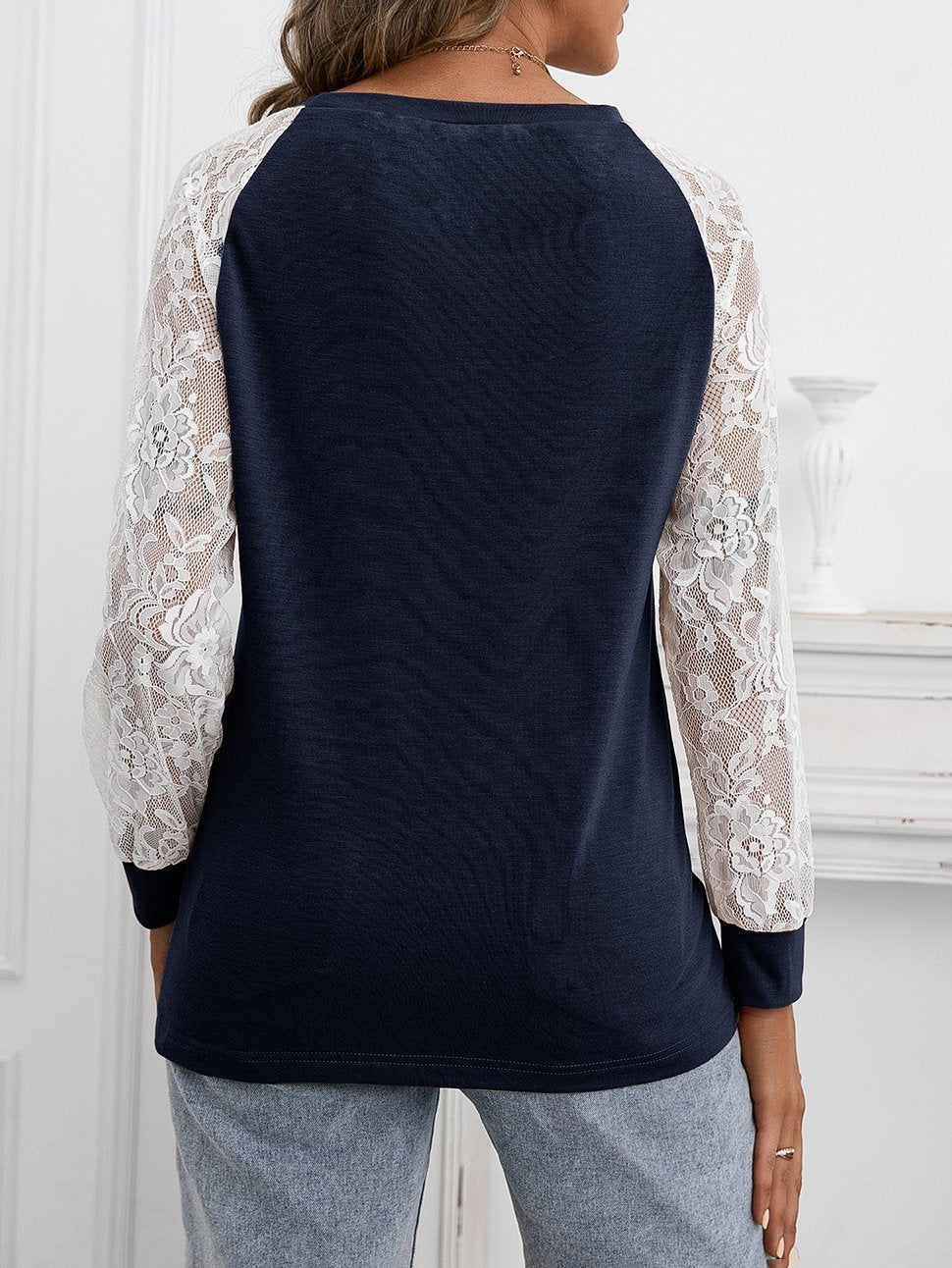 Hollow Lace Stitching Long-sleeved Round Neck T-shirt - LuckyFash™