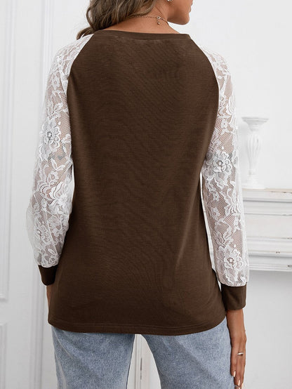 Hollow Lace Stitching Long-sleeved Round Neck T-shirt - LuckyFash™